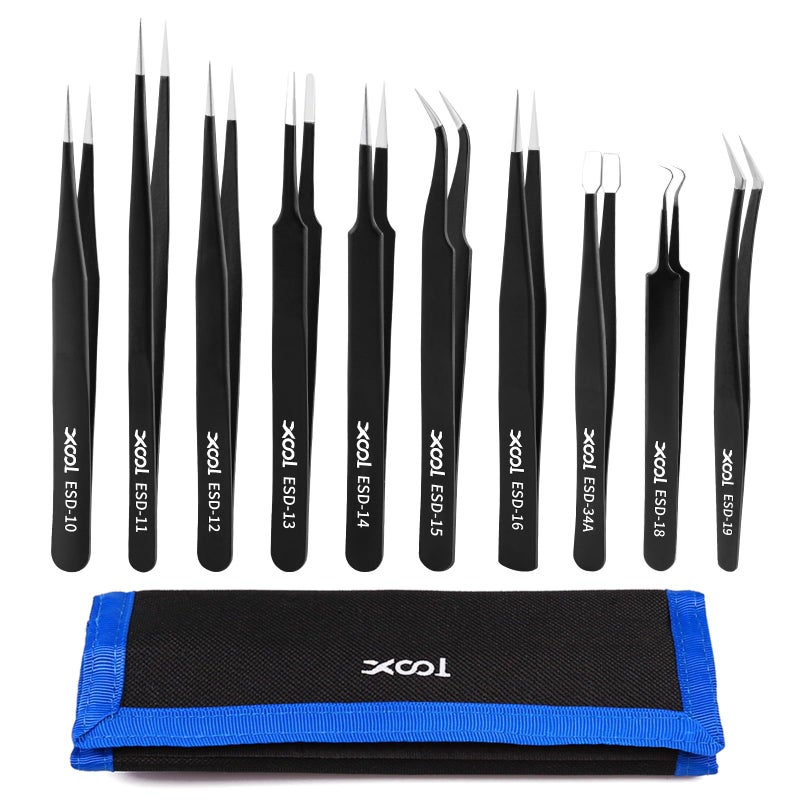 XOOL Precision Tweezers Set, XOOL 10 PCS ESD Tweezers Set, Anti-Static Stainless Steel Tweezers Kit, Multi-standard Stainless Steel Tweezers for Lab, Electronics, Jewelry and Detailed Work - Image 1