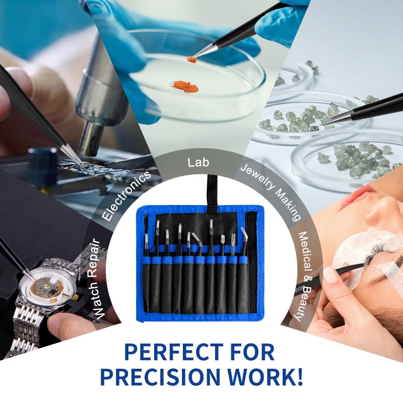 XOOL Precision Tweezers Set, XOOL 10 PCS ESD Tweezers Set, Anti-Static Stainless Steel Tweezers Kit, Multi-standard Stainless Steel Tweezers for Lab, Electronics, Jewelry and Detailed Work - Image 3