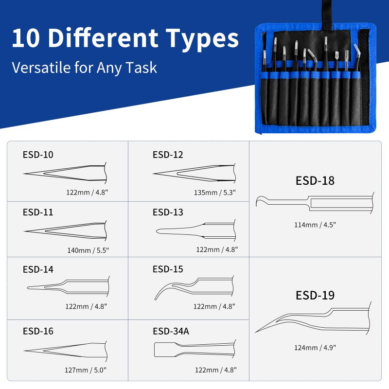 XOOL Precision Tweezers Set, XOOL 10 PCS ESD Tweezers Set, Anti-Static Stainless Steel Tweezers Kit, Multi-standard Stainless Steel Tweezers for Lab, Electronics, Jewelry and Detailed Work - Image 2