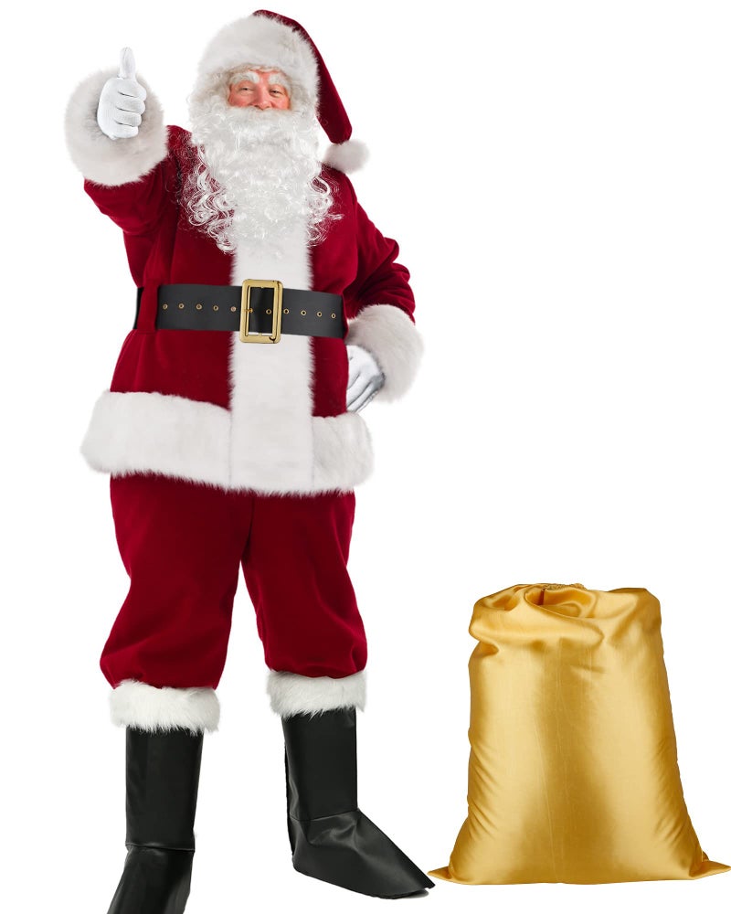 PrettyQueen 17 Pcs Christmas Santa Claus Costume for Men Deluxe Velvet Santa Suit Adults Burgundy2XL