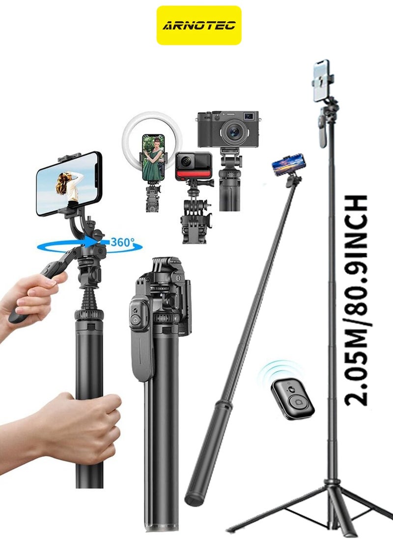 ARNOTEC - 80.9-inch (About 205cm) Multifunctional Selfie Stick Tripod, with Bluetooth Wireless Remote Control, Portable and Retractable, Compatible with All Kinds of Mobile Phones and Cameras (1/4-inch nut) - Image 1