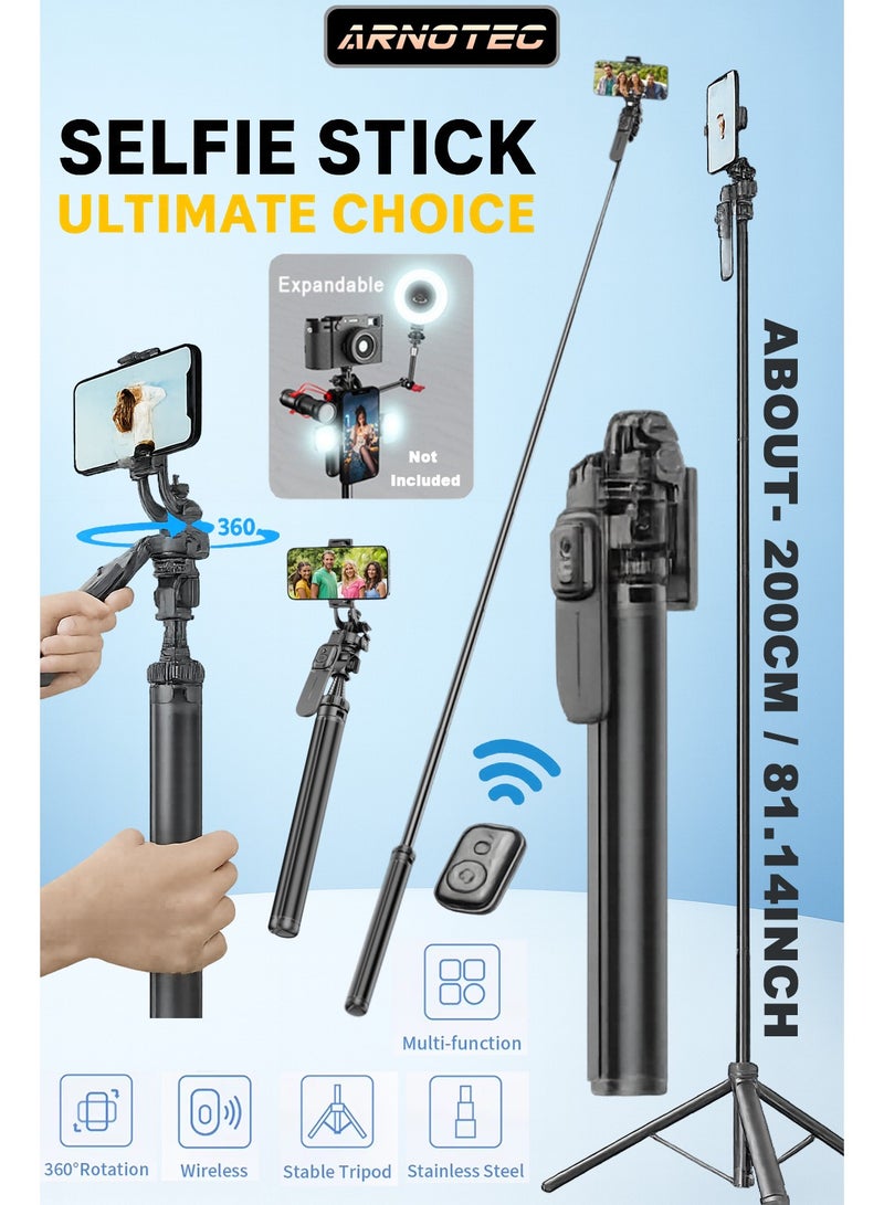 ARNOTEC 81.14 inch (About 200cm) Multifunctional Selfie Stick Tripod, with Bluetooth Wireless Remote Control, Portable and Retractable, Compatible with All Kinds of Mobile Phones and Cameras (1/4-inch nut) - Image 1
