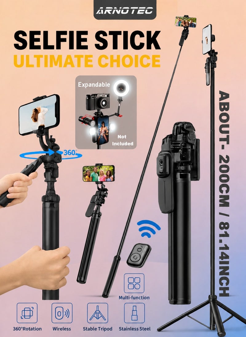 ARNOTEC 81.14 inch (About 200cm) Multifunctional Selfie Stick Tripod, with Bluetooth Wireless Remote Control, Portable and Retractable, Compatible with All Kinds of Mobile Phones and Cameras (1/4-inch nut) - Image 1