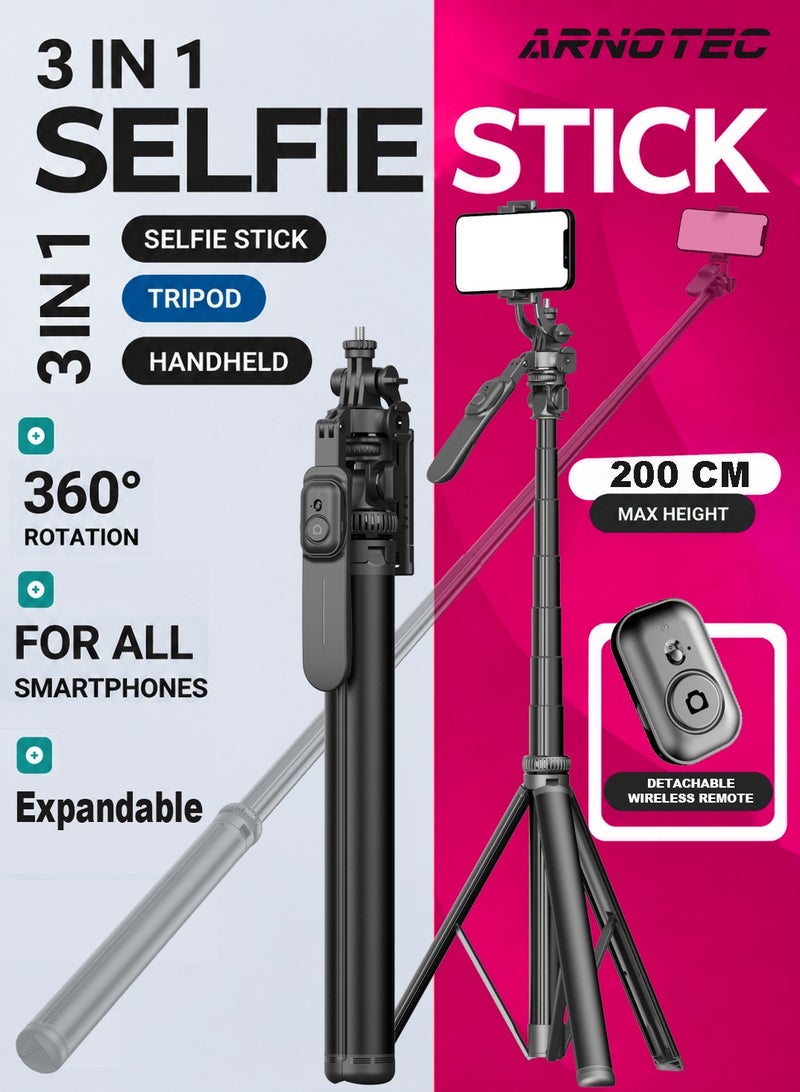 ARNOTEC 81.14 inch (About 200cm) Multifunctional Selfie Stick Tripod, with Bluetooth Wireless Remote Control, Portable and Retractable, Compatible with All Kinds of Mobile Phones and Cameras (1/4-inch nut) - Image 1