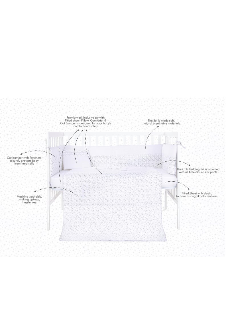 NINI Nini Baby 4-Piece Crib Bedding Set, Sweet Dreams Star Print, 100% Cotton, Includes Fitted Sheet, Comforter, Pillow, Cushioned Reversible Cot Bumper, Fits Cots/Cribs Up to 70x140 cm  - Image 2