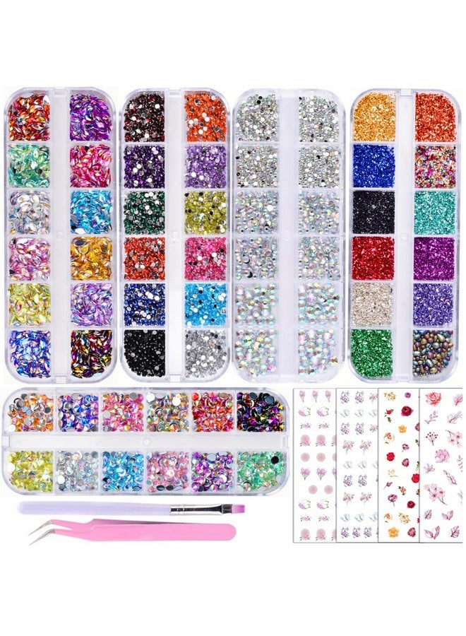 editTime 5 Boxes Shiny Colorful Nail Art Rhinestones Kit 3D Flatback Horse Eye Rhinestones Irregular Nail Stone and 4 Sheets Flower Nail Stickers with a Curved Tweezers and a Nail Brush (multicolor) - Image 1