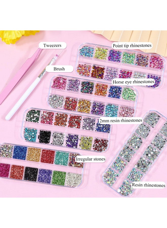 editTime 5 Boxes Shiny Colorful Nail Art Rhinestones Kit 3D Flatback Horse Eye Rhinestones Irregular Nail Stone and 4 Sheets Flower Nail Stickers with a Curved Tweezers and a Nail Brush (multicolor) - Image 3