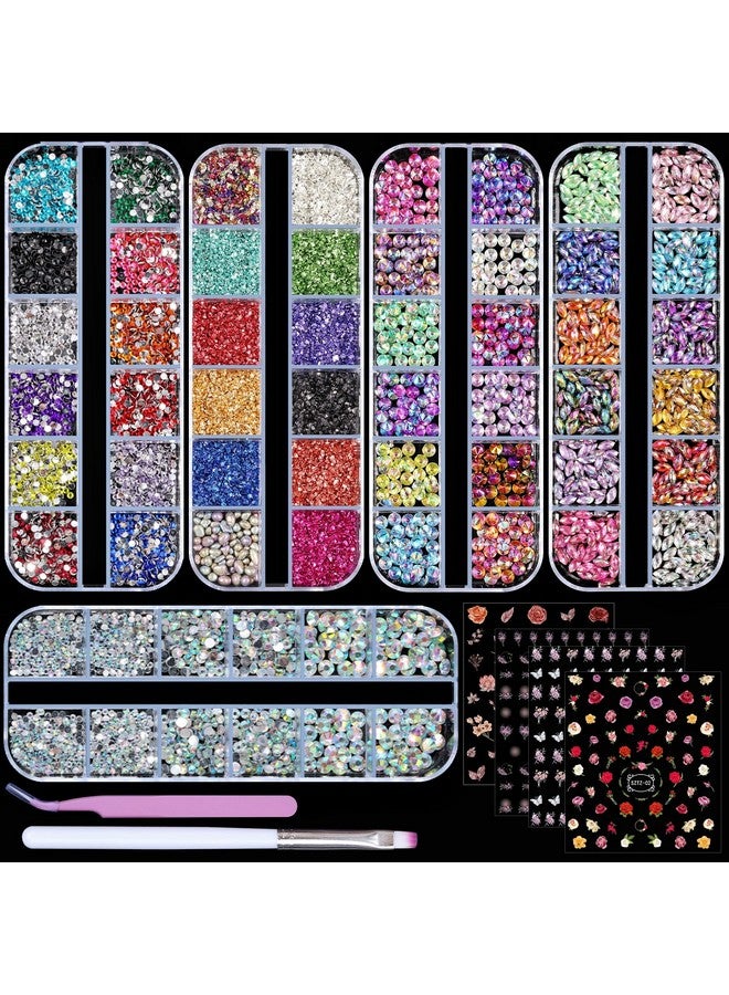editTime 5 Boxes Shiny Colorful Nail Art Rhinestones Kit 3D Flatback Horse Eye Rhinestones Irregular Nail Stone and 4 Sheets Flower Nail Stickers with a Curved Tweezers and a Nail Brush (multicolor) - Image 2