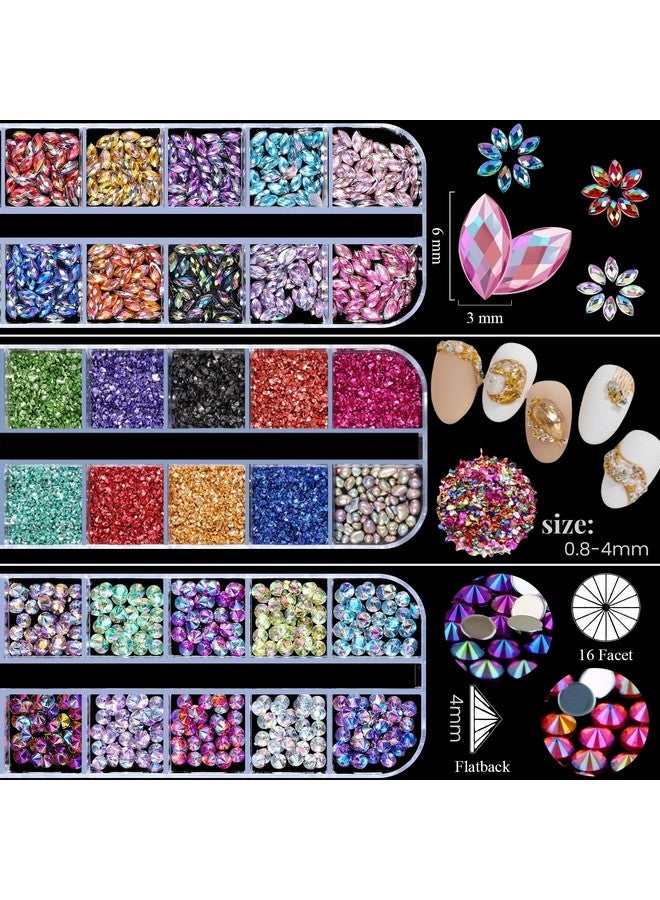editTime 5 Boxes Shiny Colorful Nail Art Rhinestones Kit 3D Flatback Horse Eye Rhinestones Irregular Nail Stone and 4 Sheets Flower Nail Stickers with a Curved Tweezers and a Nail Brush (multicolor) - Image 5