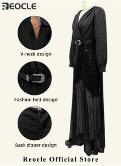 REOCLE Women's Jumpsuit Shiny Sequin Rompers with Long Sleeve Design & Wide Belt Design & Wide Leg Trousers Design & V-neck Design Elegant Wide Leg Pants for Evening Party  - Image 3