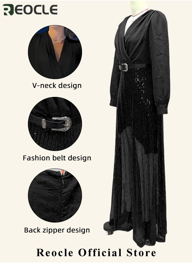 REOCLE - Women's Jumpsuit Shiny Sequin Rompers with Long Sleeve Design & Wide Belt Design & Wide Leg Trousers Design & V-neck Design Elegant Wide Leg Pants for Evening Party - Image 1