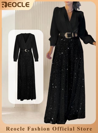 Women's Jumpsuit Shiny Sequin Rompers with Long Sleeve Design & Wide Belt Design & Wide Leg Trousers Design & V-neck Design Elegant Wide Leg Pants for Evening Party - pzsku/Z25FA3A37AD83C0943764Z/45/1746223964/564255fd-0865-4fe7-b228-dbc8e1214280