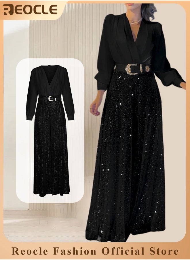 REOCLE - Women's Jumpsuit Shiny Sequin Rompers with Long Sleeve Design & Wide Belt Design & Wide Leg Trousers Design & V-neck Design Elegant Wide Leg Pants for Evening Party - Image 1