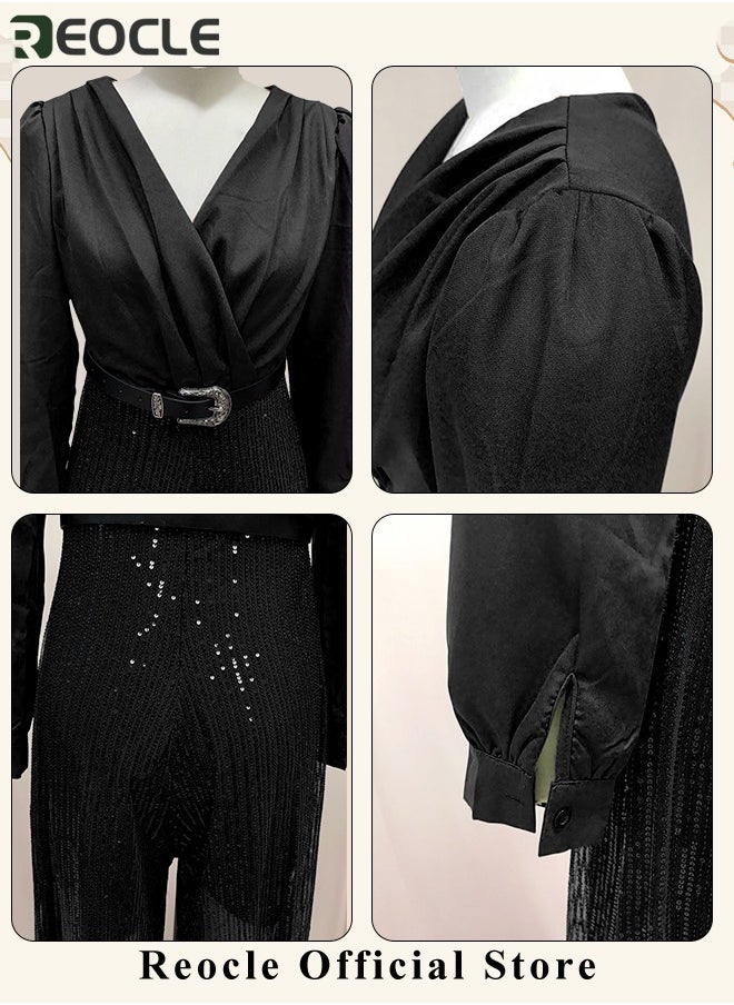 REOCLE - Women's Jumpsuit Shiny Sequin Rompers with Long Sleeve Design & Wide Belt Design & Wide Leg Trousers Design & V-neck Design Elegant Wide Leg Pants for Evening Party - Image 1