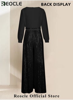 REOCLE Women's Jumpsuit Shiny Sequin Rompers with Long Sleeve Design & Wide Belt Design & Wide Leg Trousers Design & V-neck Design Elegant Wide Leg Pants for Evening Party  - Image 2