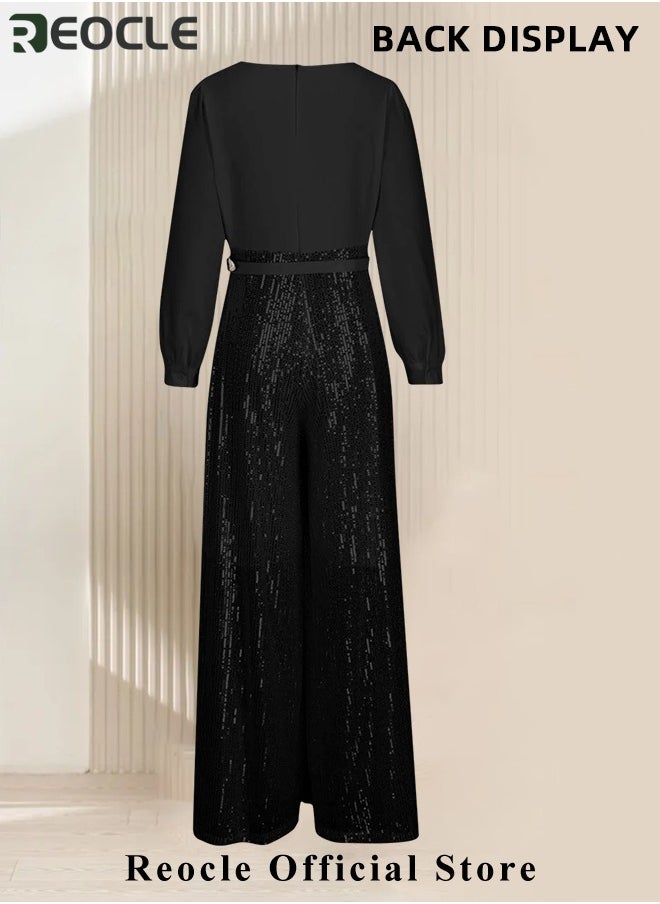 REOCLE - Women's Jumpsuit Shiny Sequin Rompers with Long Sleeve Design & Wide Belt Design & Wide Leg Trousers Design & V-neck Design Elegant Wide Leg Pants for Evening Party - Image 1