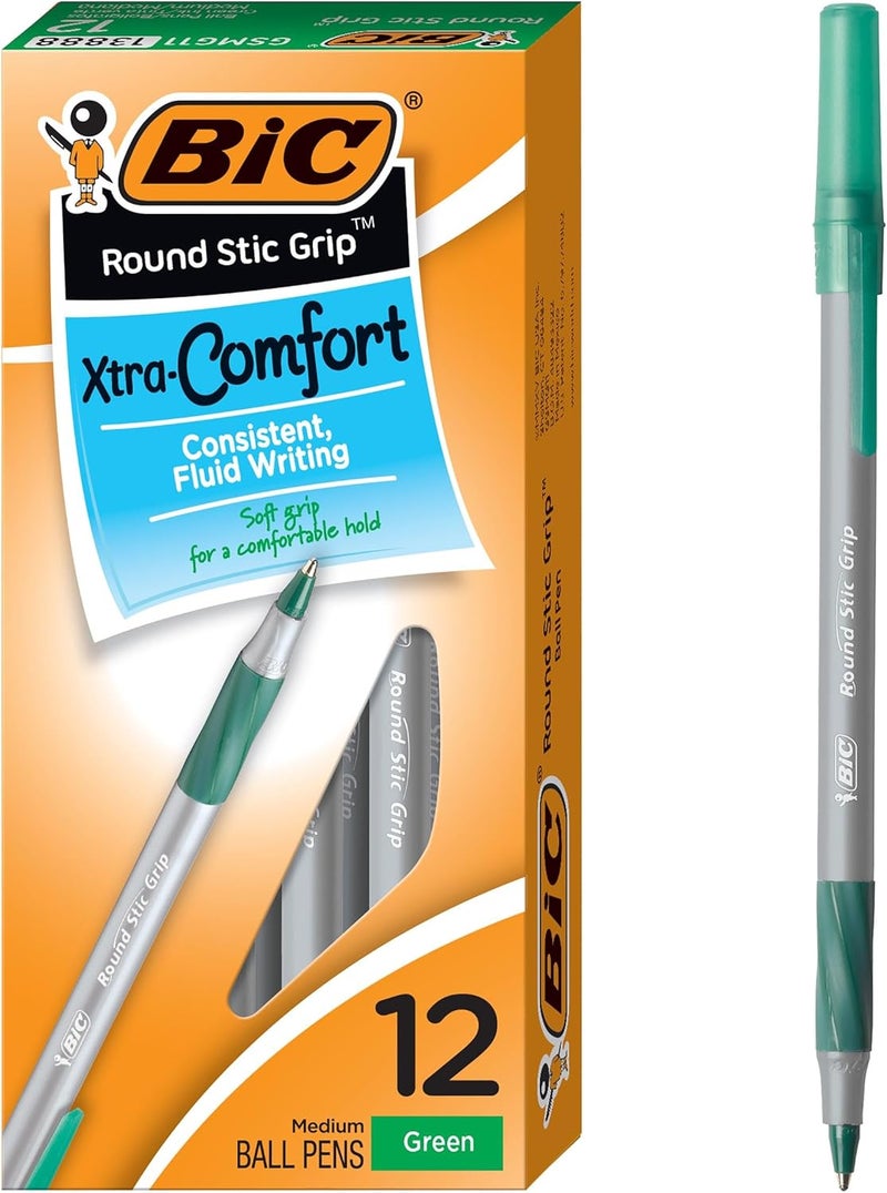 بيك قلم حبر جاف GSMG11-GREEN Round Stic Grip Xtra Comfort، رأس متوسط (1.2 مم)، أخضر، عبوة 12 قطعة - Image 1