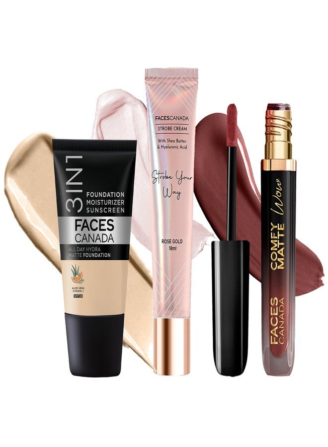 فاسيسكانادا مجموعة فيسز كندا سيليب جلو | كريم ستروب - ذهبي وردي، 18 مل + كريم أساس هيدرا مات - عاجي مطلق، 18 مل + كومفي مات واو - كاكاو كراش، 3.8 مل | هايلايتر | غني بالأصباغ | عبوة من 3 قطع - Image 1