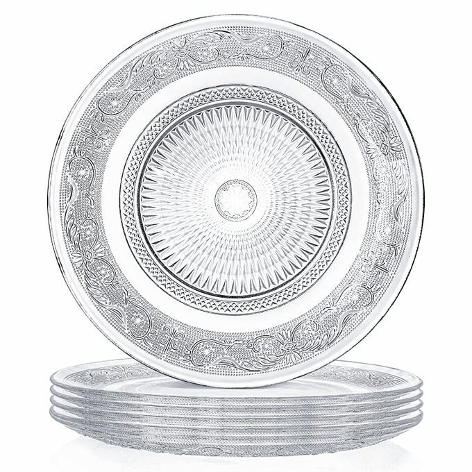 GLASS SALAD PLATES 7 INCHES GLASS FRUIT DESSERT PLATES CLEAR GLASS APPETIZER DINNERWARE SET WITH BEAUTIFUL CARVED PATTERN DISHWASHER SAFE 6 PCS