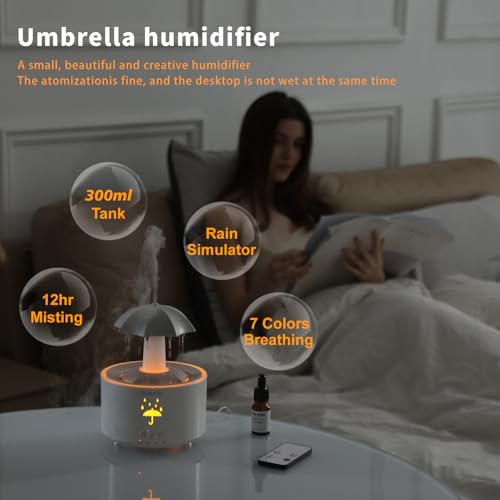 THINNFOK Humidifiers for Bedroom,Aromatherapy Essential Oils Diffuser,Quiet Ultrasonic Clouds,7 Colors Breathing LED Light,Rotating Umbrella Rain Drops,Ideal Holiday Gifts for Home - Image 3