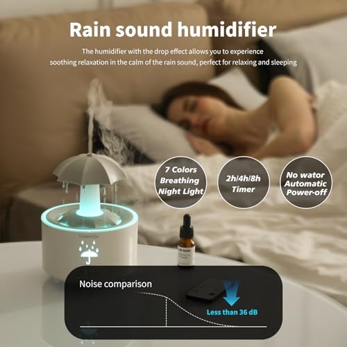 THINNFOK Humidifiers for Bedroom,Aromatherapy Essential Oils Diffuser,Quiet Ultrasonic Clouds,7 Colors Breathing LED Light,Rotating Umbrella Rain Drops,Ideal Holiday Gifts for Home - Image 5
