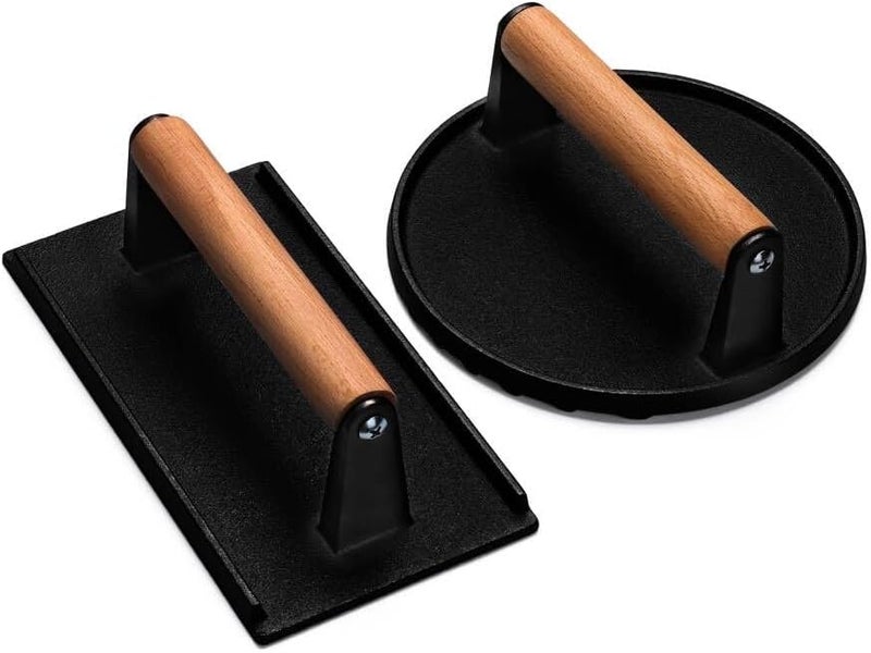 EWFEN Burger Press, 7" Round & 8.2"X4.3" Rectangle Heavy-Duty Cast Iron Smash Bacon Press Meat Steak with Wood Handle for Griddle, Sandwich, Nonstick Pan, XIKE-0063US Worldwide popular practical build - Image 1