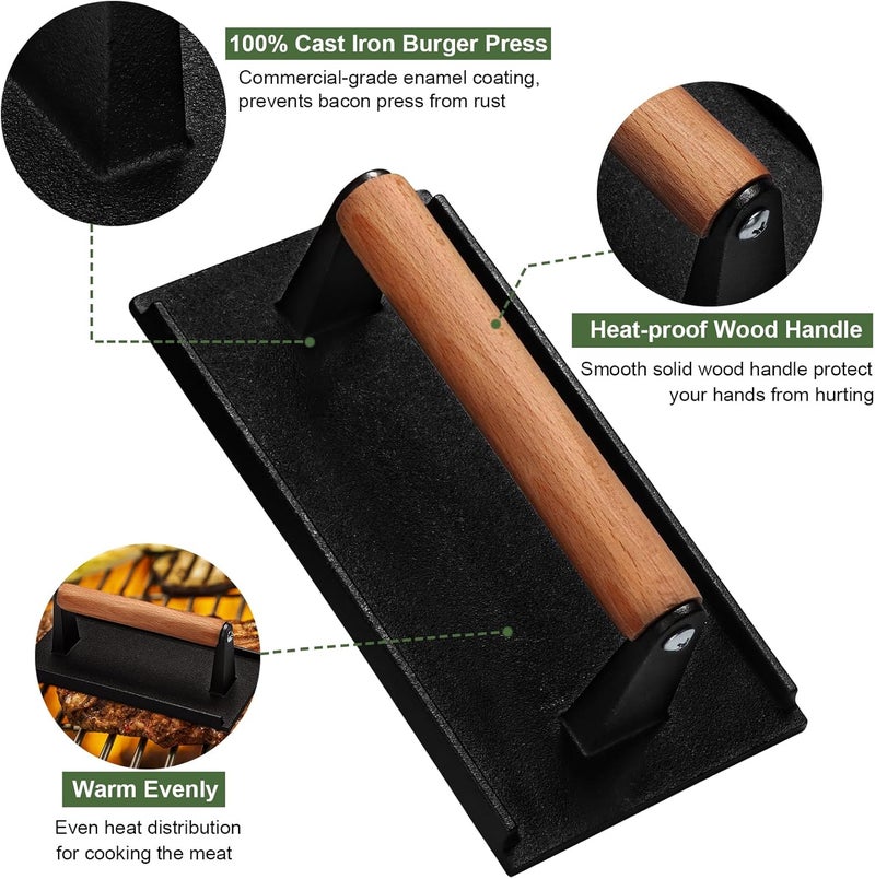 EWFEN Burger Press, 7" Round & 8.2"X4.3" Rectangle Heavy-Duty Cast Iron Smash Bacon Press Meat Steak with Wood Handle for Griddle, Sandwich, Nonstick Pan, XIKE-0063US Worldwide popular practical build - Image 3