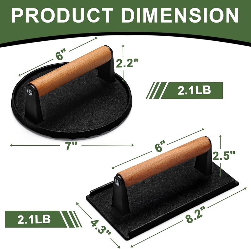 EWFEN Burger Press, 7" Round & 8.2"X4.3" Rectangle Heavy-Duty Cast Iron Smash Bacon Press Meat Steak with Wood Handle for Griddle, Sandwich, Nonstick Pan, XIKE-0063US Worldwide popular practical build - Image 2