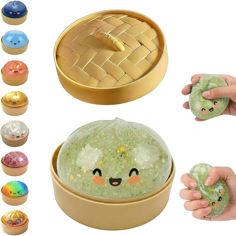 hepanio Glitter Dumpling Squishy,Dumpling Squishies,Glitter Dumpling Mystery Box,Colorful Dumpling Stress Balls Fidget,Jumbo Squishy Toy with Steamer Box Suitable for Adult use in Offices (Glitter Green) - Image 1