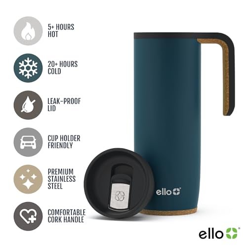 Ello Magnet 18oz Stainless Steel Travel Mug with Handle and Leak Proof Lid | Vacuum Insulated Coffee Cup Keeps Drinks Hot for 5 Hours | BPA Free Tumbler with Built In Coaster, Poseidon - Image 2
