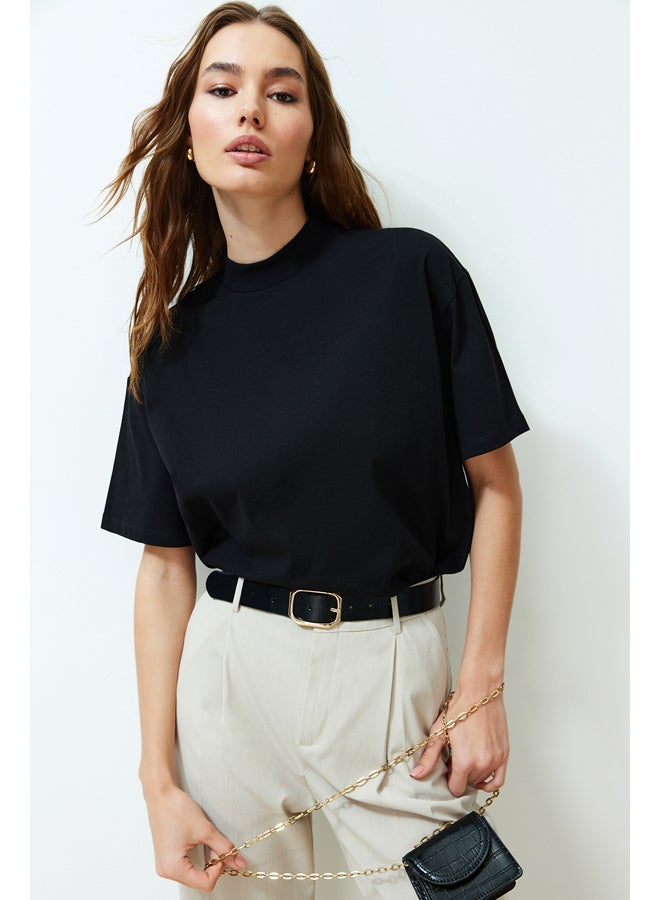 trendyol Black 100% Cotton Stand Collar Three Quarter Sleeve Knitted T-Shirt TWOSS24TS00074 - Image 1