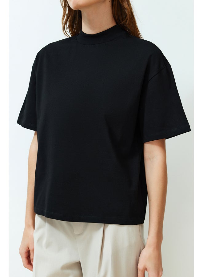 trendyol Black 100% Cotton Stand Collar Three Quarter Sleeve Knitted T-Shirt TWOSS24TS00074 - Image 4