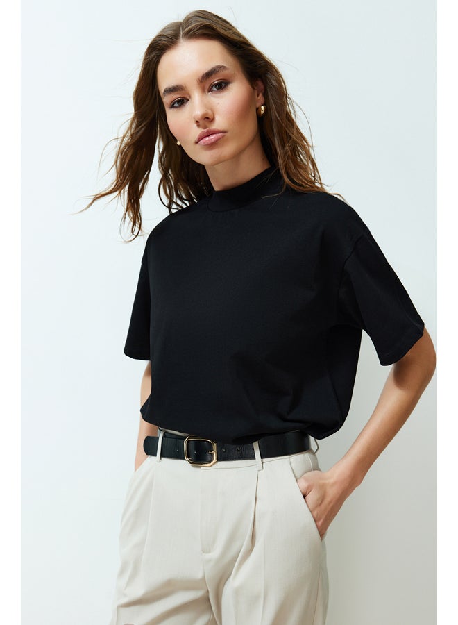 trendyol Black 100% Cotton Stand Collar Three Quarter Sleeve Knitted T-Shirt TWOSS24TS00074 - Image 2