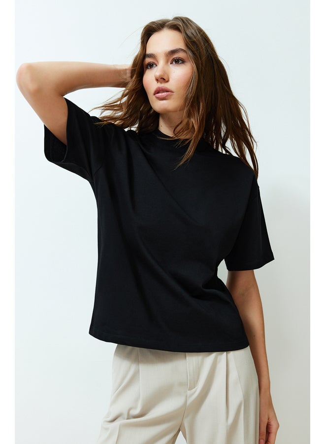 trendyol Black 100% Cotton Stand Collar Three Quarter Sleeve Knitted T-Shirt TWOSS24TS00074 - Image 3