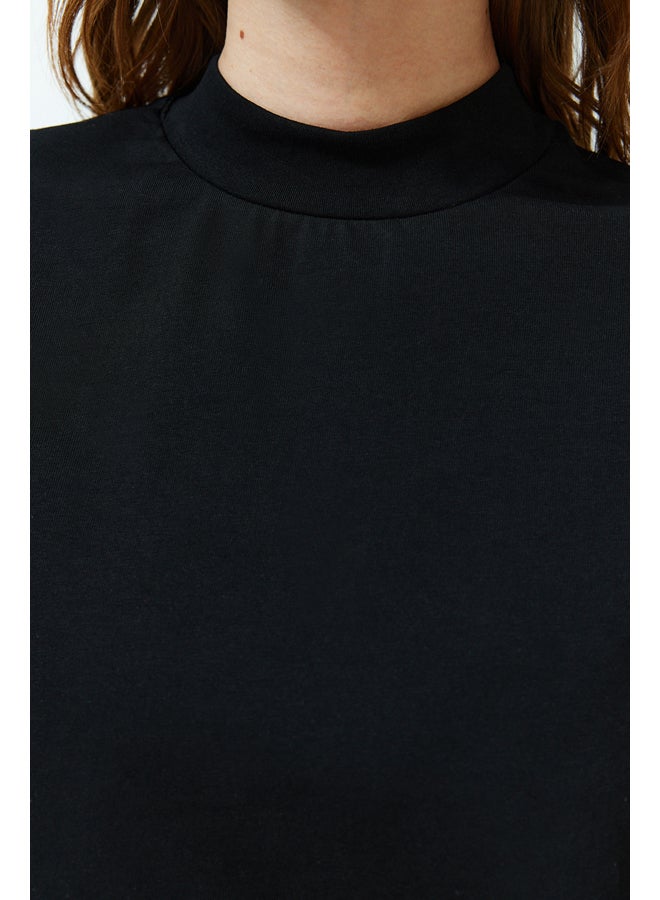 trendyol Black 100% Cotton Stand Collar Three Quarter Sleeve Knitted T-Shirt TWOSS24TS00074 - Image 5