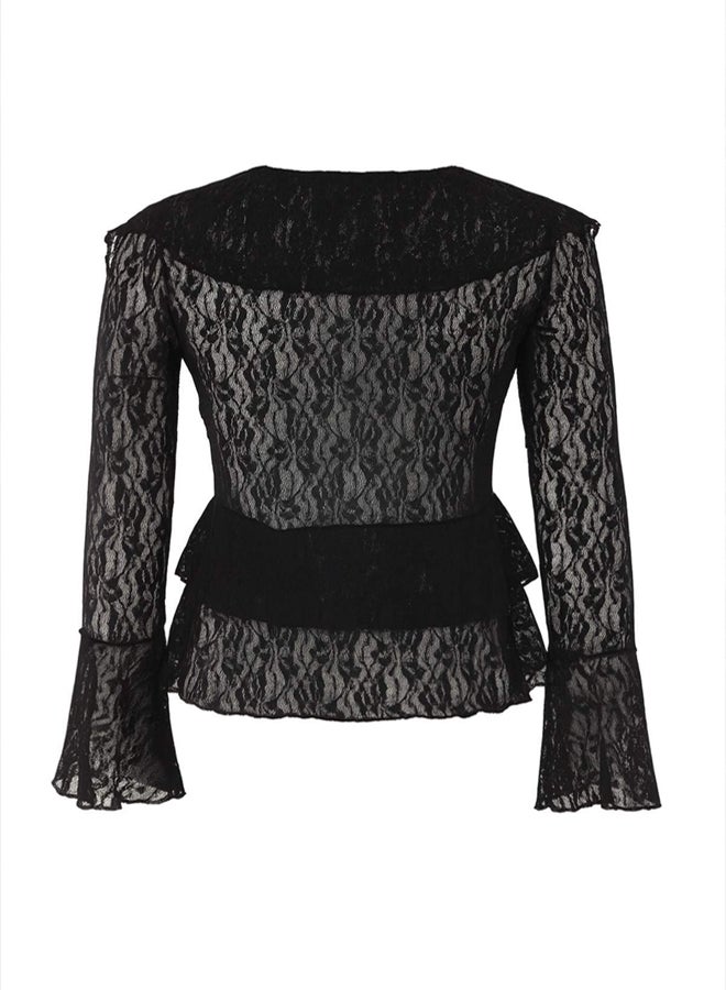 trendyol Black Unlined Lace Party Blouse with Tie Flounce - Image 5