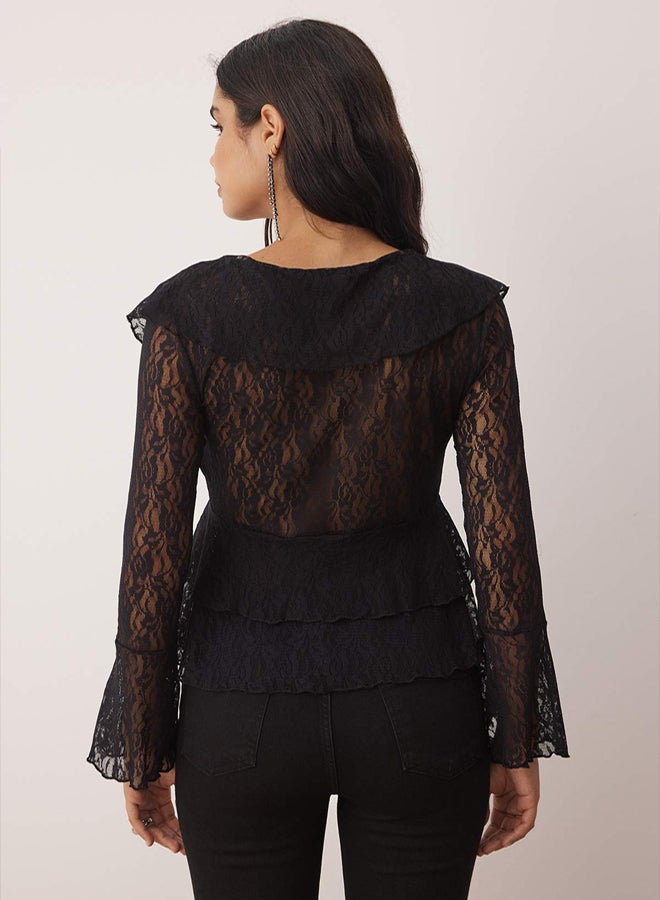 trendyol Black Unlined Lace Party Blouse with Tie Flounce - Image 4