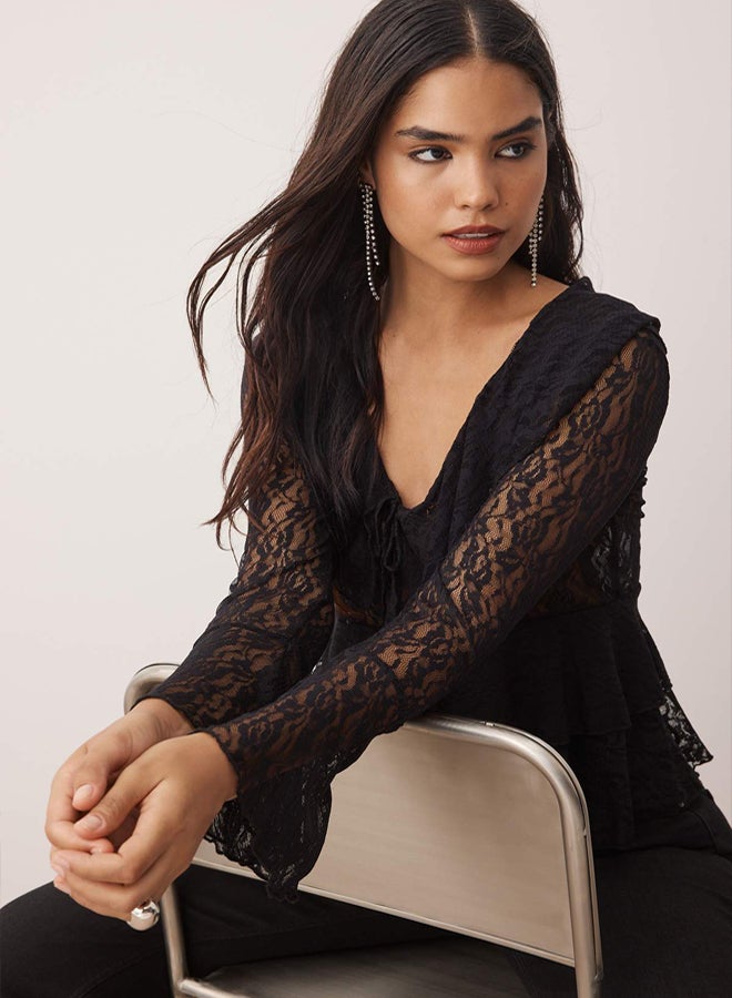 trendyol Black Unlined Lace Party Blouse with Tie Flounce - Image 2