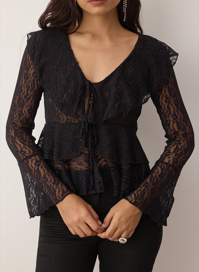 trendyol Black Unlined Lace Party Blouse with Tie Flounce - Image 3