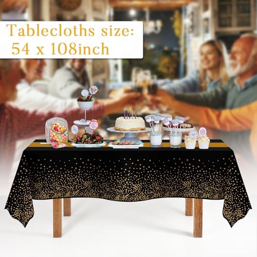 Childom 3 Pack Black and Gold Tablecloths for Events,54"x108" Plastic Table Cloths for Rectangle Tables,Disposable Party Table Covers for New Years Eve Decorations 2026,Holiday Birthday Wedding Dining - Image 2
