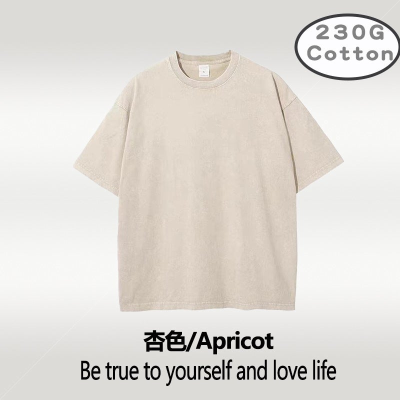Pure Cotton Loose Washed Retro Short-Sleeved Large Size 230G American Men'S European Size Washed Distressed T-Shirt - Image 1