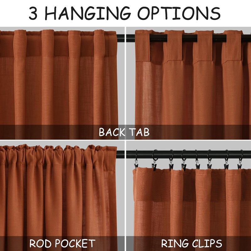 Nanspring Terracotta Linen Curtains 84 inches Long 2 Panel Set Back Tab Rod Pocket Rustic Farmhouse Boho Curtains for Living Room Semi Sheer Brick Burnt Orange Bohemian Fall Decor for Dining Room Rust - Image 3