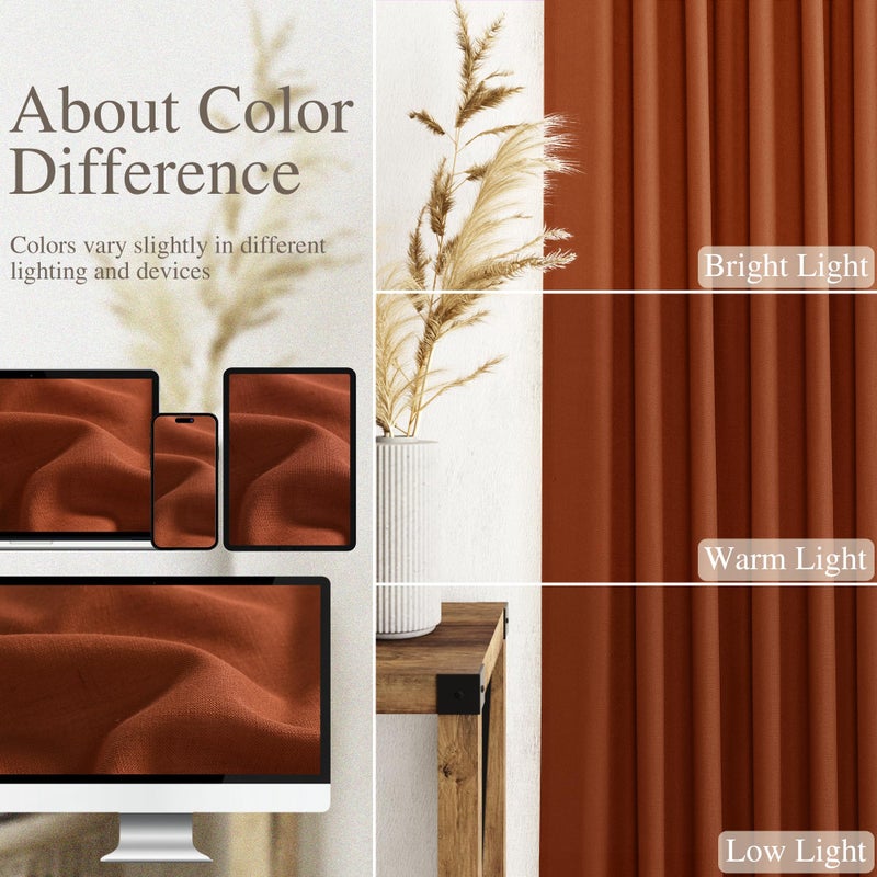 Nanspring Terracotta Linen Curtains 84 inches Long 2 Panel Set Back Tab Rod Pocket Rustic Farmhouse Boho Curtains for Living Room Semi Sheer Brick Burnt Orange Bohemian Fall Decor for Dining Room Rust - Image 4
