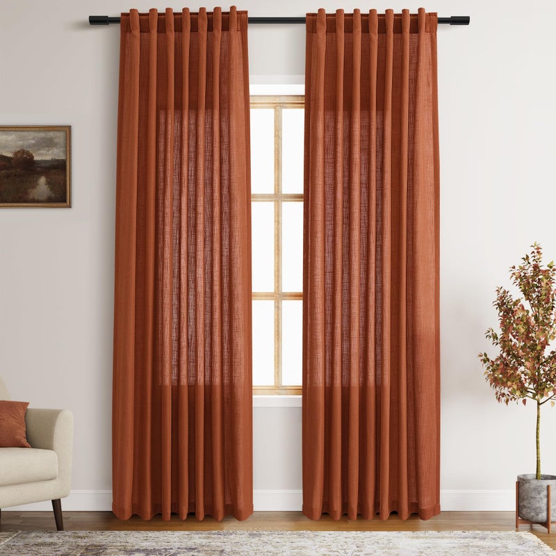 Nanspring Terracotta Linen Curtains 84 inches Long 2 Panel Set Back Tab Rod Pocket Rustic Farmhouse Boho Curtains for Living Room Semi Sheer Brick Burnt Orange Bohemian Fall Decor for Dining Room Rust - Image 1