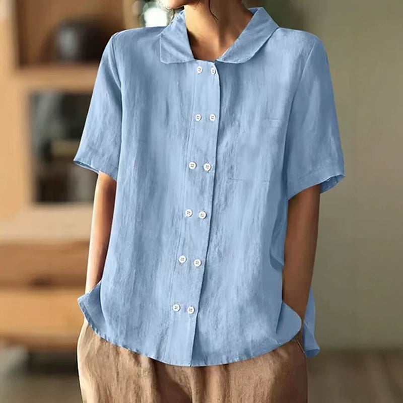 Women's Linen-Cotton Blend Short Sleeve Shirt with Pockets - Image 3