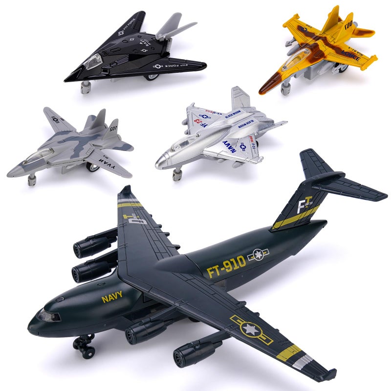Crelloci 5 Pack Army Navy Airplane Toys Set with Light & Sounds, Military Fighter Jet Die Cast Plane Metal Aircraft Toy, Pull Back Aircraft Gift for Kids Toddlers Boys Girls Ages 3+ - Image 1