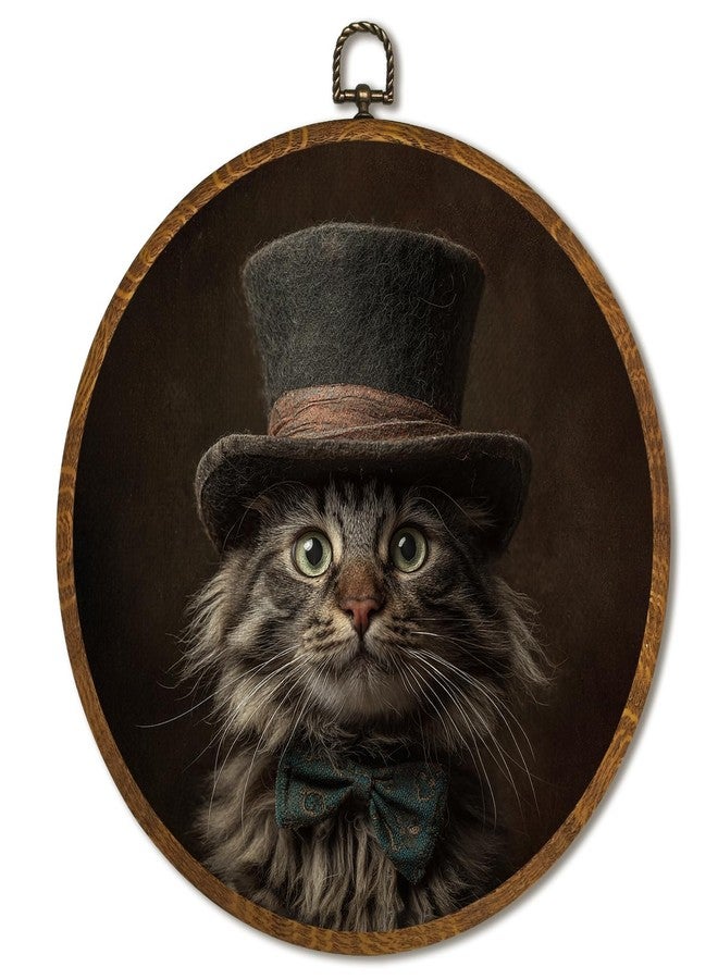 LANBAIHE Vintage Round Wall Art Decor 10x10Inch, Cat Wall Art Framed Canvas Print Decor, Victorian Portrait Animal Art Decor for Home Farmhouse Bedroom Living Room (Cat) - Image 1