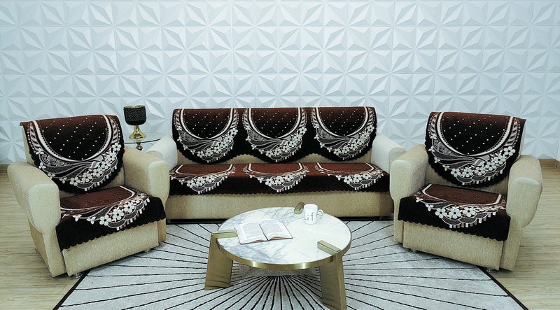 KREEVA Ultrasonic Cut Velvet Chenille Sofa Cover | for 5 Seater (3+1+1) Sofa | (Venue Coffee-Brown_2, 6 Piece Set) | Sofa Slipcovers - Image 2