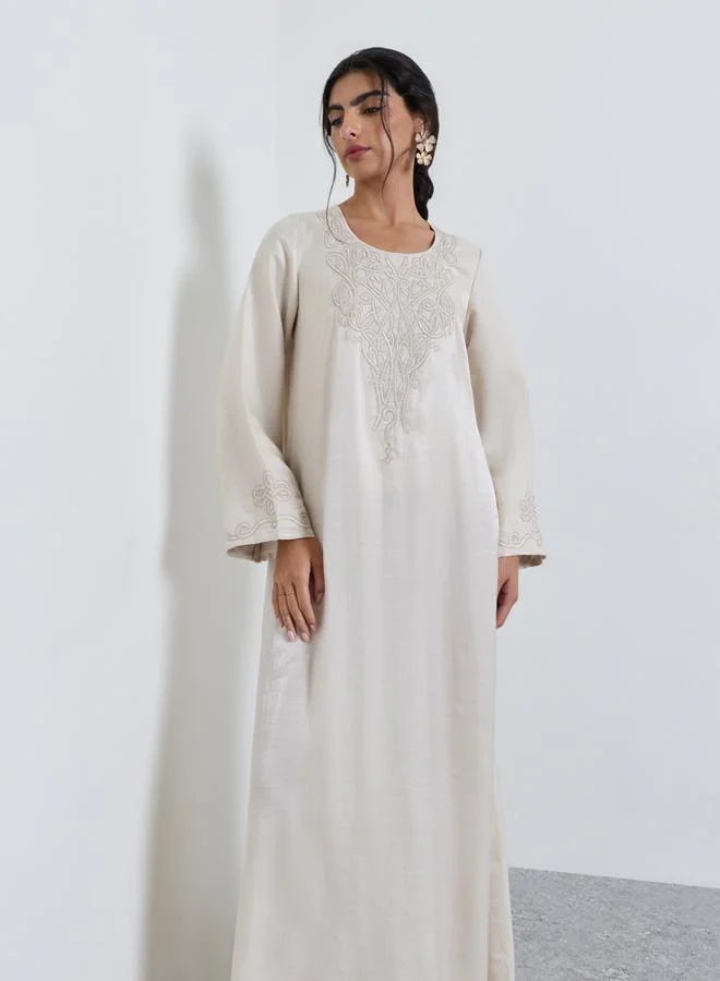 Amirah Beige Thread Embroidery Round Neck Jalabiya