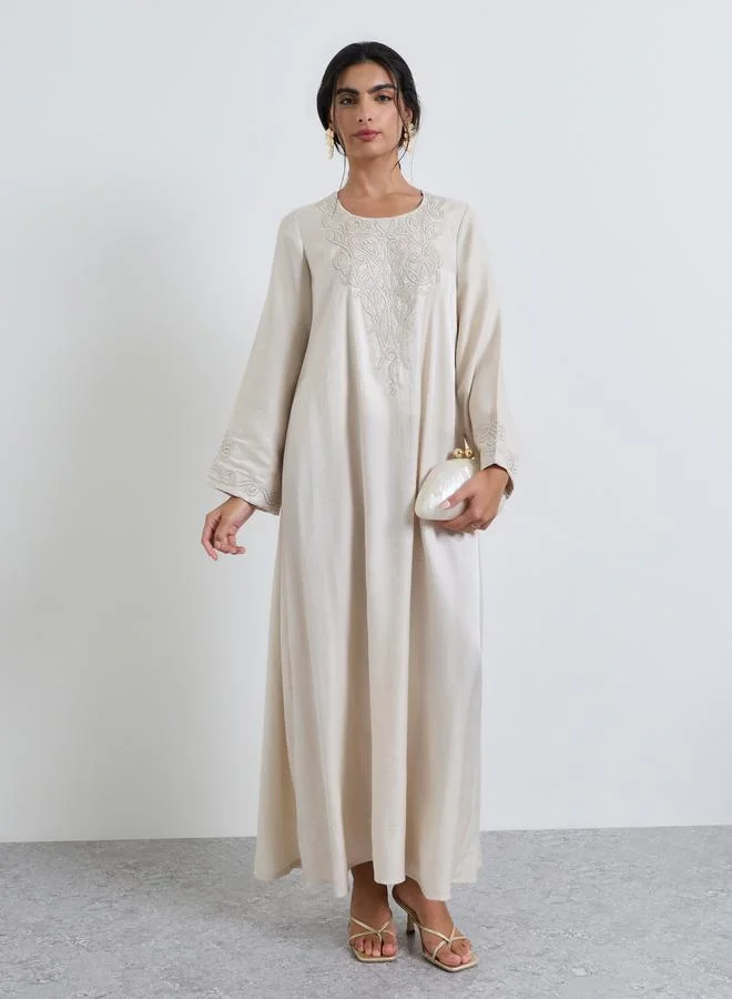 Amirah Beige Thread Embroidery Round Neck Jalabiya